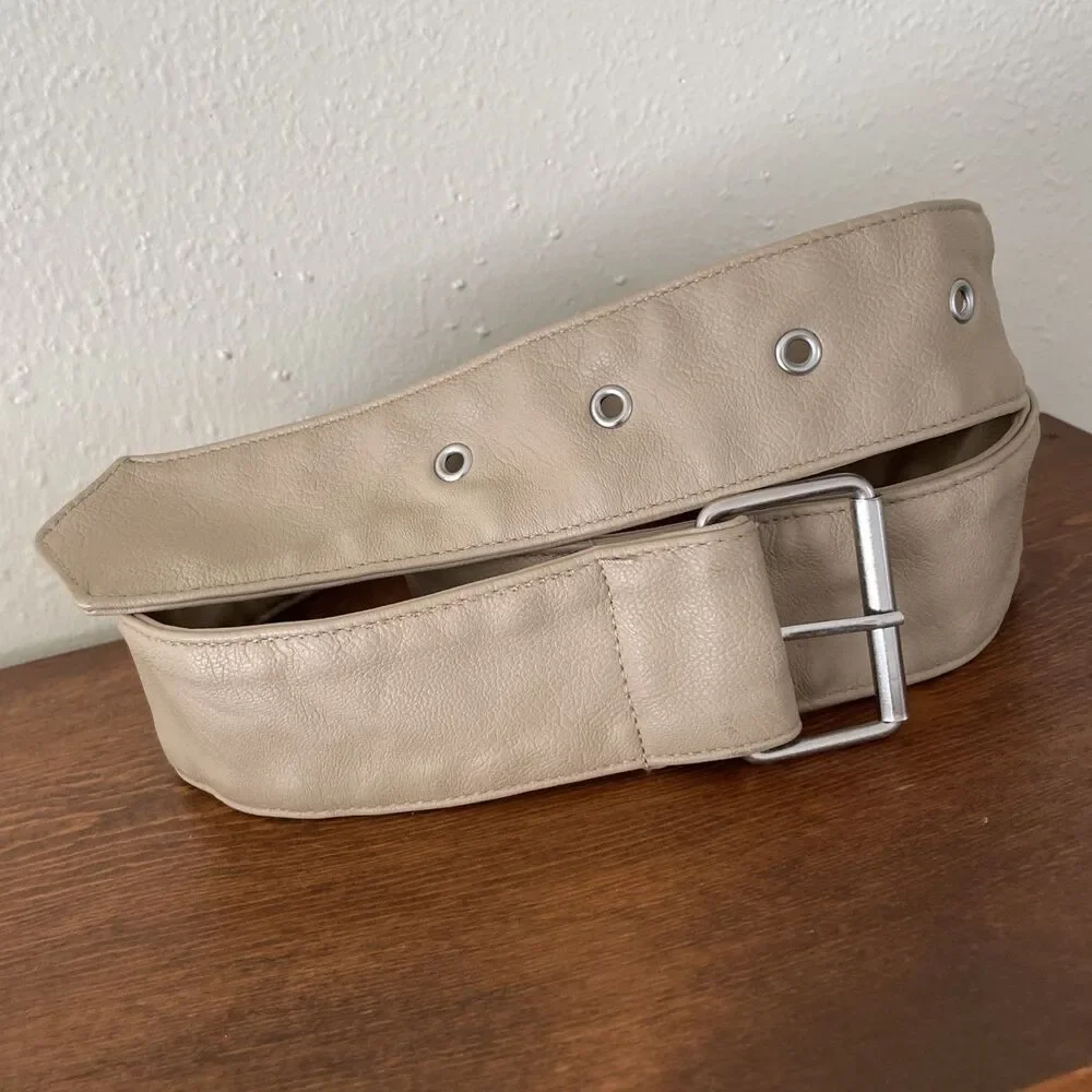 Beige Wide Soft Leather Belt 38-43 Inches Classic Nude‎ Dressy Y2K 90s 80s